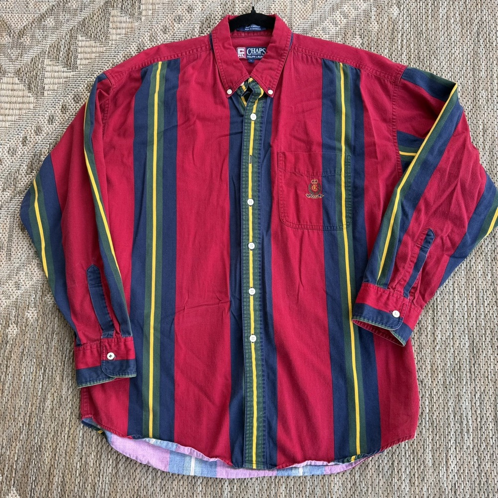 VTG Chaps Ralph Lauren Shirt Mens XL Multicolor Striped Button Up Crest 90s Dad